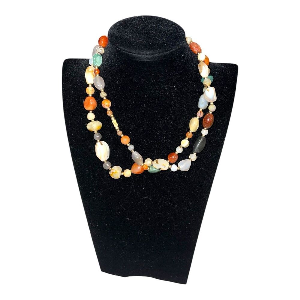 Vintage 36” Gemstone Necklace Agate Carnelian Quartz Amazonite Jasper Barrel